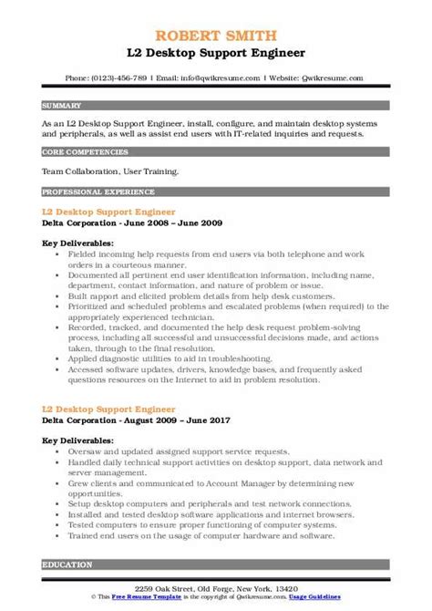 10 L2 Desktop Support Engineer Resume Samples And Templates For 2025