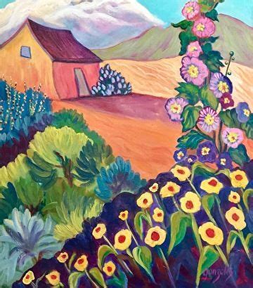 An Oil Painting Of Flowers In Front Of A Barn And Mountains With A Blue Sky