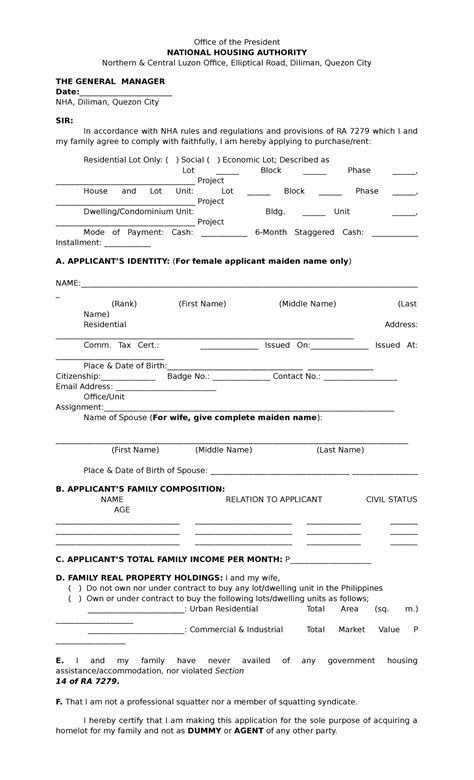 126701306 Nha Application Form 1 Office Of The President National Housing Authority Northern