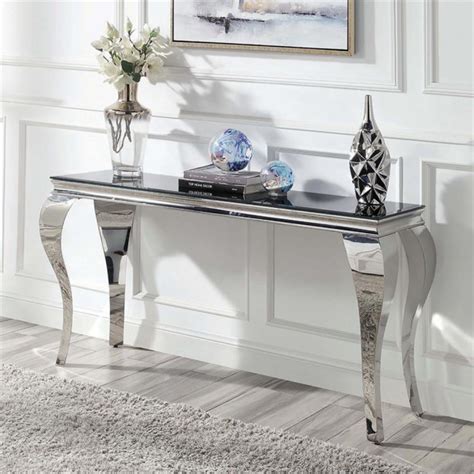 Bowery Hill Glam Glass Top Sofa Table In Black And Silver Finish