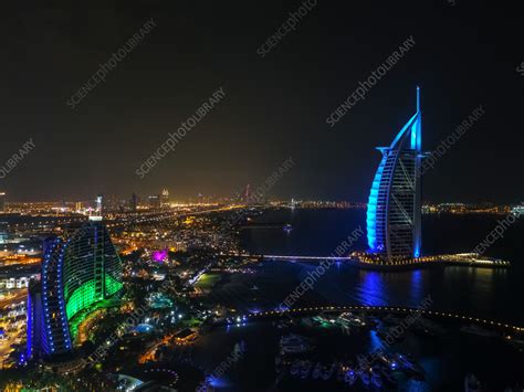 Aerial view of Burj Al Arab Hotel by night, Dubai, UAE - Stock Image - F039/2026 - Science Photo ...