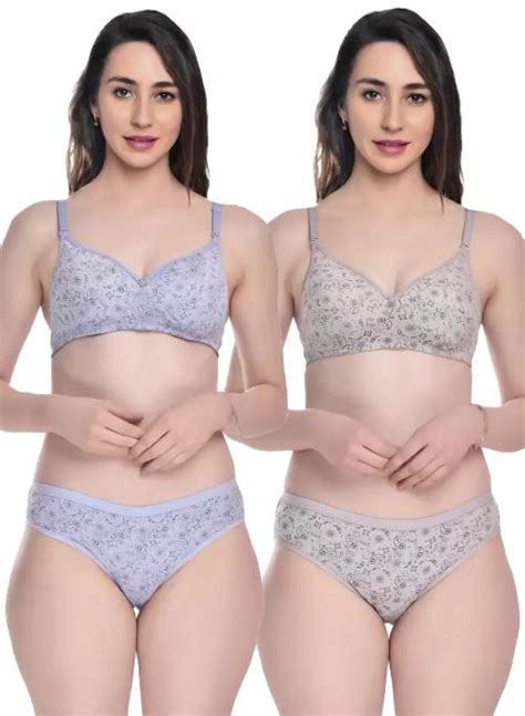 Buy In Curve Women Cotton Bra Panty Set For Lingerie Set Pack Of Color Purple Grey