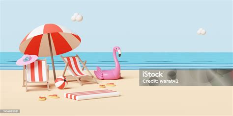 Summer Sea Beach And Island With Beach Chair Umbrella Ball Inflatable Flamingo Cloud Sandals