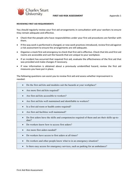 First Aid Risk Assessment