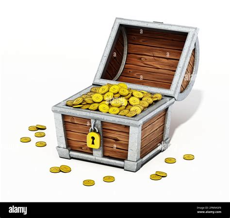 Cartoon Treasure Chest Full Of Gold Coins Isolated On White Background