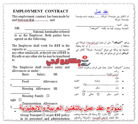 9 نموذج عقد عمل باللغتين العربية والانجليزية Pdf و Word و Doc مشاريع ايجي