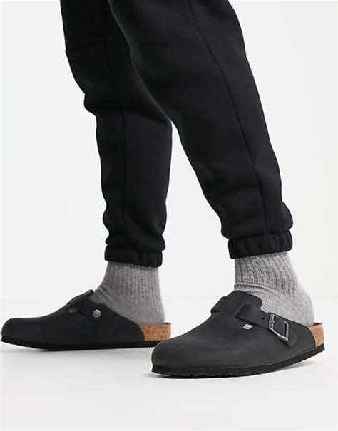 Birkenstock Boston Clogs In Oiled Black Leather Asos