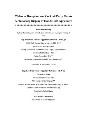 Fillable Online Welcome Reception And Cocktail Party Menus Fax Email