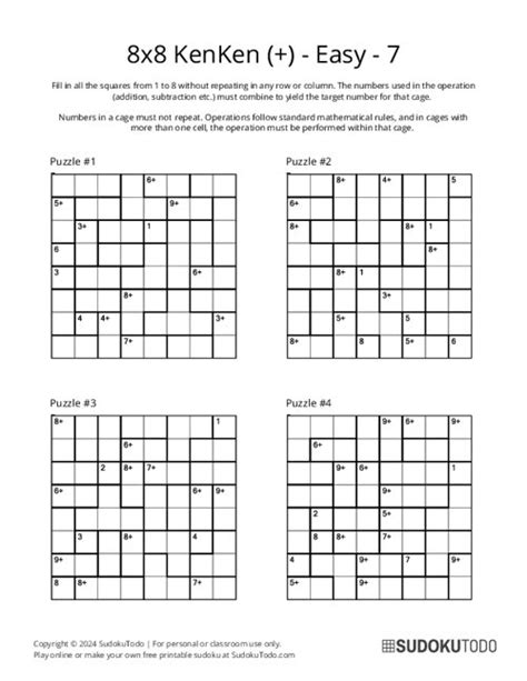 8x8 Easy Kenken Puzzles Printable