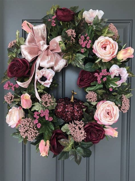 Fall Pink And Wine Roses With Sequin Pumpkin Wreathautumn Etsy