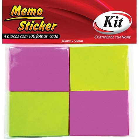 Bloco Auto Adesivo Neon Blocos Folhas Kit Memo X Mm