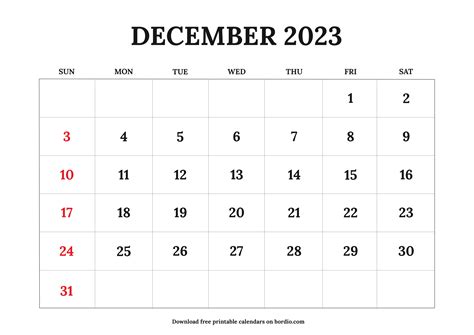 Printable December 2023 Calendar: Free Download in pdf - Bordio