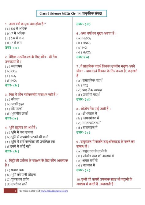 Class 9 Science MCQs In Hindi APEX CLASSES