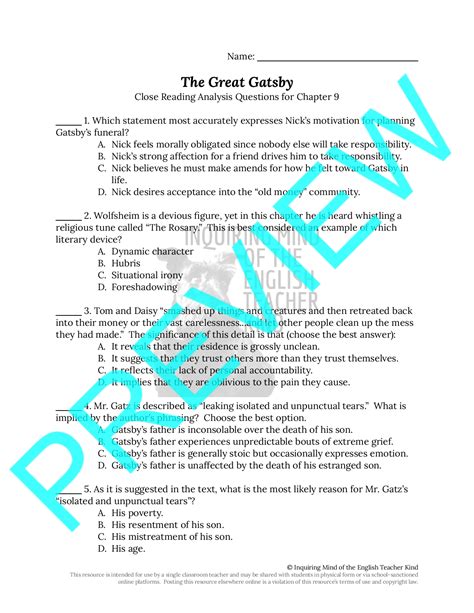 The Great Gatsby Chapter Close Reading Analysis Worksheet