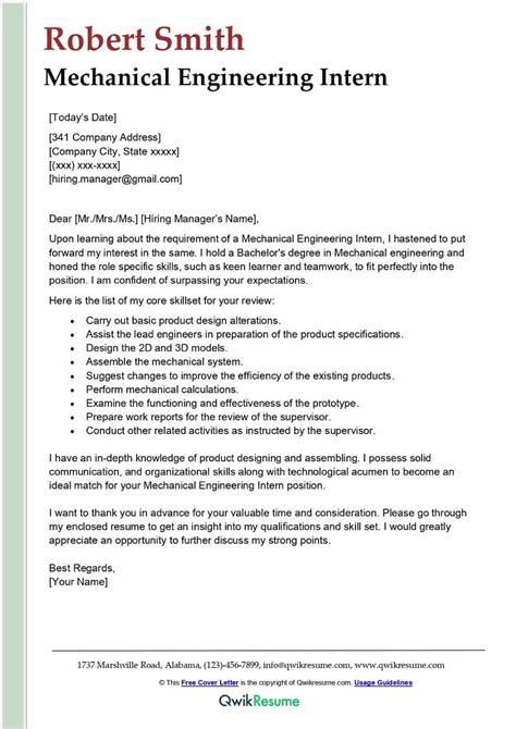 Mechanical Engineering Internship Cover Letter