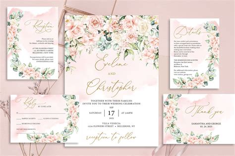 Boho Blush Pink Roses And Gold Wedding Invitation Rozy Psd Template By