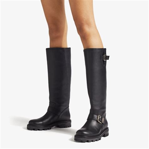 Black Smooth Leather Knee High Biker Boots BIKER II TALL Autumn