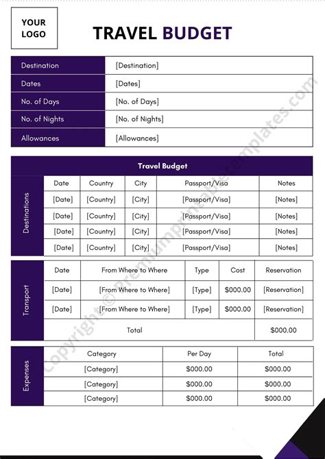 Travel Budget Template Printable in PDF and Word