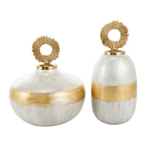 Litton Lane White Metal Abstract Brushed Decorative Jars With Gold