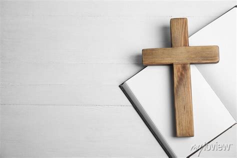 Christian Cross And Bible On White Wooden Background Flat Lay Posters