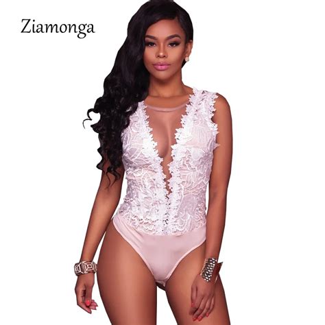 Ziamonga See Through Lace Women Bodysuit Sexy V Neck Women Bodysuit