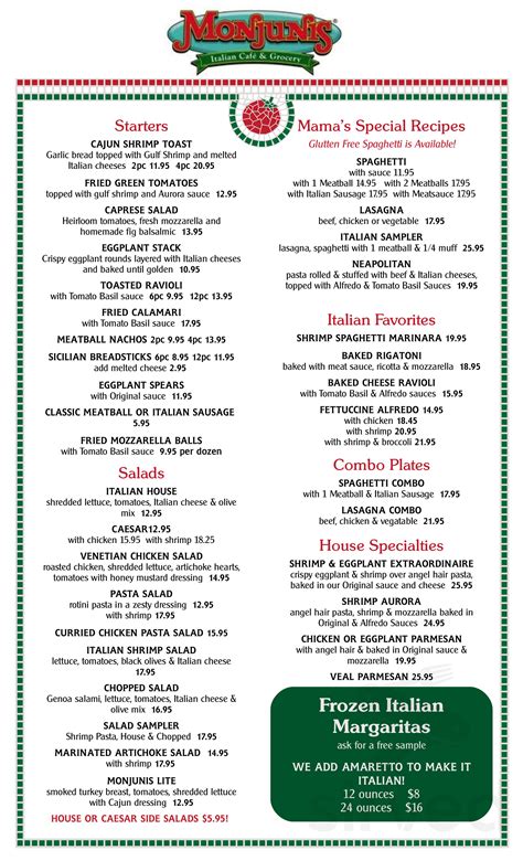 Menu for Monjunis Italian Cafe & Grocery in Shreveport, LA | Sirved