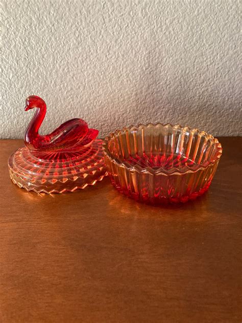 Vintage Amberina Glass Gorgeous Swan Candy Dish With Lid Red Etsy