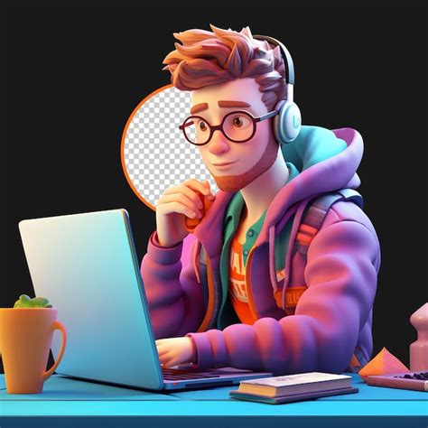 Homem Freelancer 3d Trabalhando No Laptop Em Sua Mesa Estilo