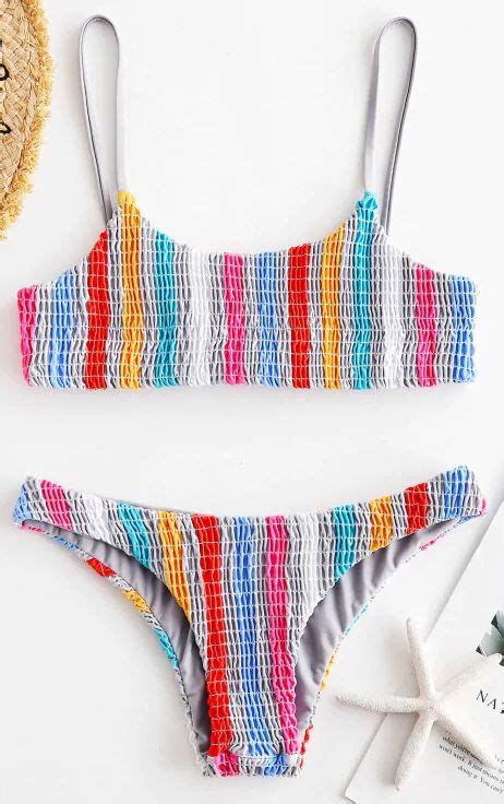 Zaful Colorful Striped Smocked Bikini Set Bikinis Smocked Bikini