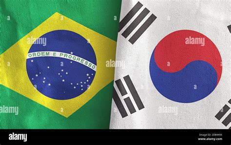 South Korea and Brazil two flags textile cloth 3D rendering Stock Photo ...