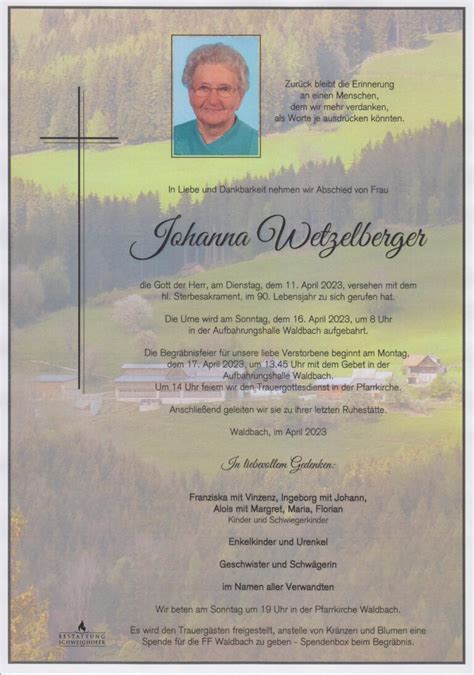 Johanna Wetzelberger Bestattung Schweighofer