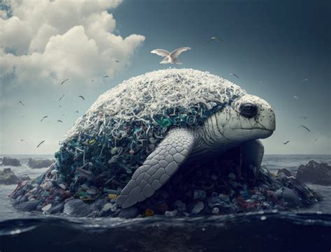 Stop Ocean Plastic Pollution Turtle In Plastic Sea Ecological Concept