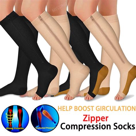 Open Toe Zip Up Compression Socks High Leg Support Knee Slimming