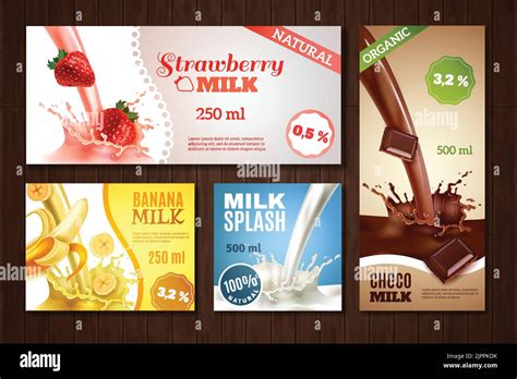 Sweet Tasty Milk With Different Flavours Realistic Banners Set On Wood