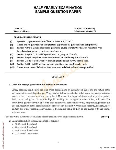 Class Chemistry Sample Paper Half Yearly Th Chemistry Half