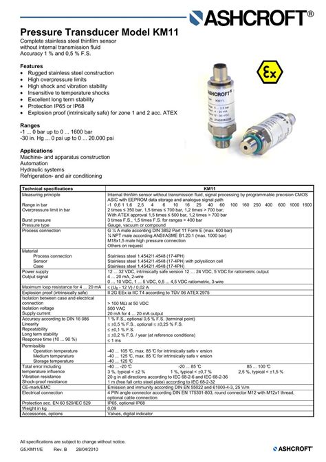 Pressure Transducer Model Km11 Ashcroft Instruments Gmbh