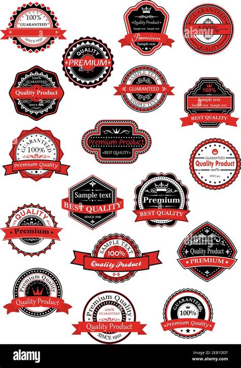 Various black and red product labels for premium quality graphic ...