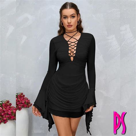 Black Lace Up Bell Sleeve Bodycon Dress ®pink Sugar Bikini