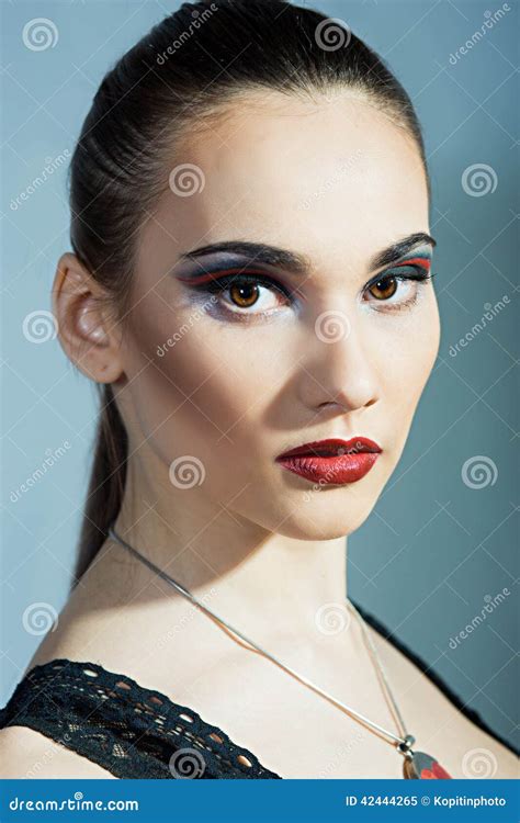 Thin Brunette With Bright Red Lips Stock Image Image Of Intent Figure 42444265