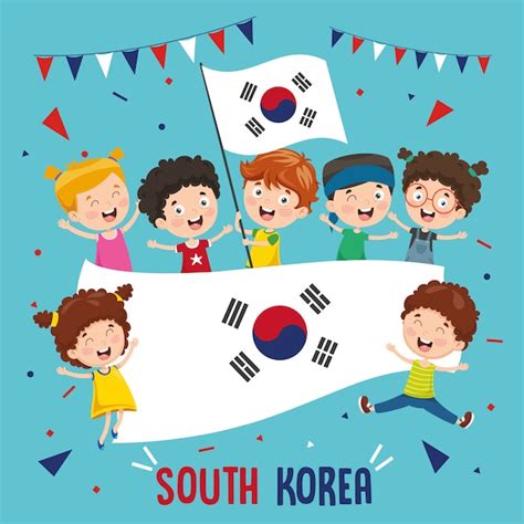 Ilustra O Em Vetor De Crian As Segurando Bandeira Da Coreia Do Sul