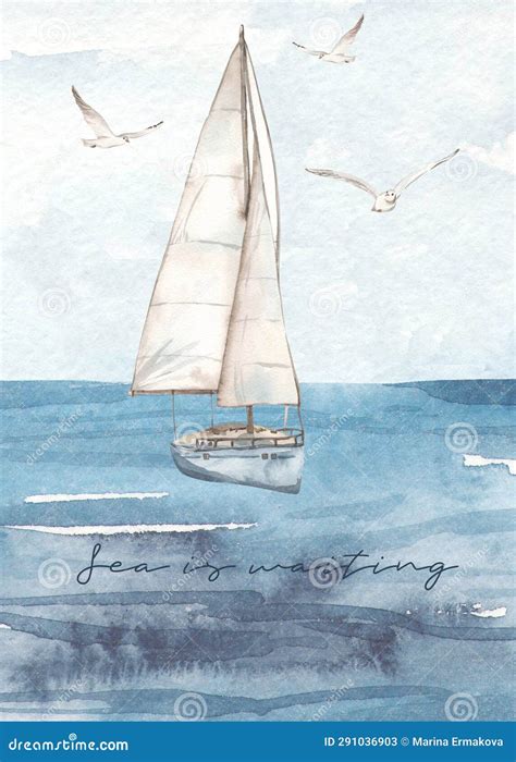 Watercolor Card With Sailboat Yacht Ship Sea Seascape Seagulls