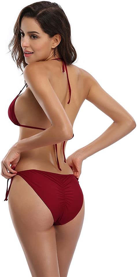 Shekini Womens Tie Side Bottom Padded Top Triangle Bikini Wine Red