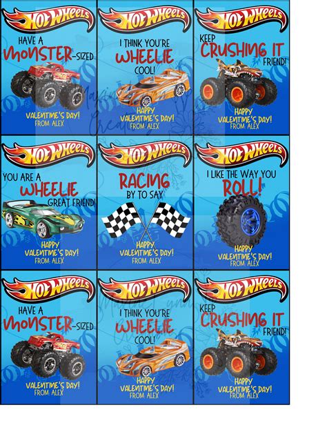 EDITABLE Hot Wheels Monster Truck Car Valentine Cards Kid Valentine Cards School Valentine