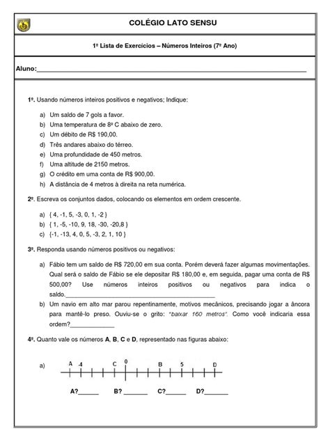 Questoes De Numeros Inteiros 7 Ano - Exercícios de Números Inteiros - 7º Ano | PDF | Número real | Conceitos ...