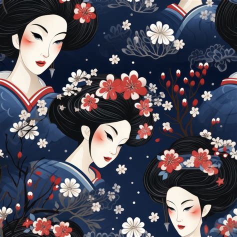 Elegant Geisha Fan Artwork Design Seamless Pattern Design For Download