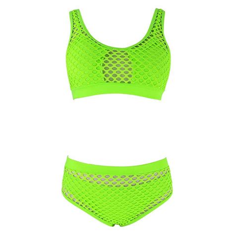 WREESH Womens High Waisted Bikini Swimsuit Fishnet Solid Color Swimsuit Slimming Hollow Mesh