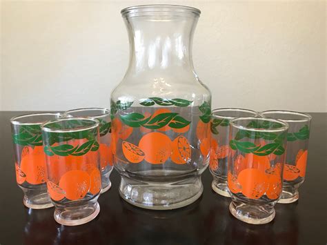 Vintage Oj Carafe And Juice Glasses By Anchor Hocking 1987 Etsy Juice Glass Set Juice