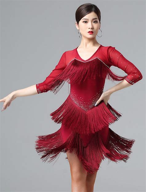 Latin Dance Dress Tassel Women S Performance 3 4 Length Sleeve Mesh