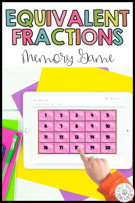 An Ipad With The Words Equivalient Fractions On It And A Hand Pointing At