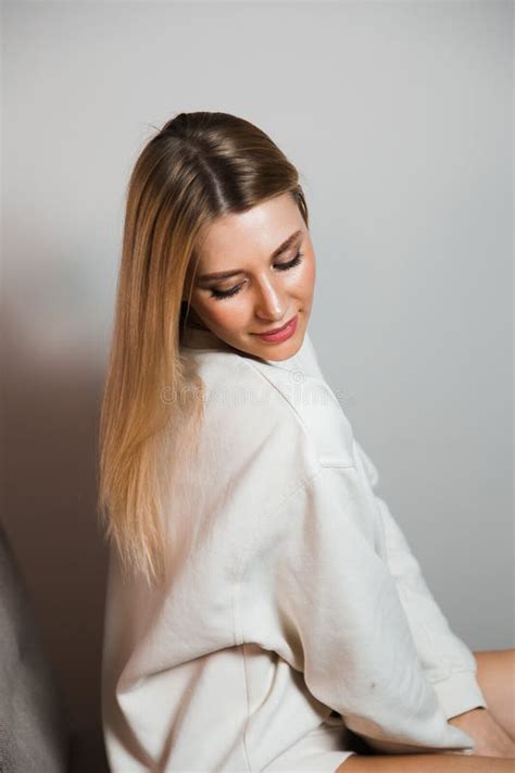 Beautiful Glamour Long Hair Woman Posing For Camera Photographer Wearing White Sweater On Naked